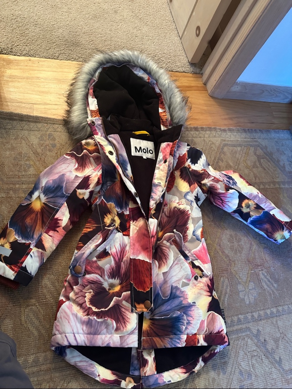 Molo Floral Hooded Coat in Burgundy, Pink, White and Blue
